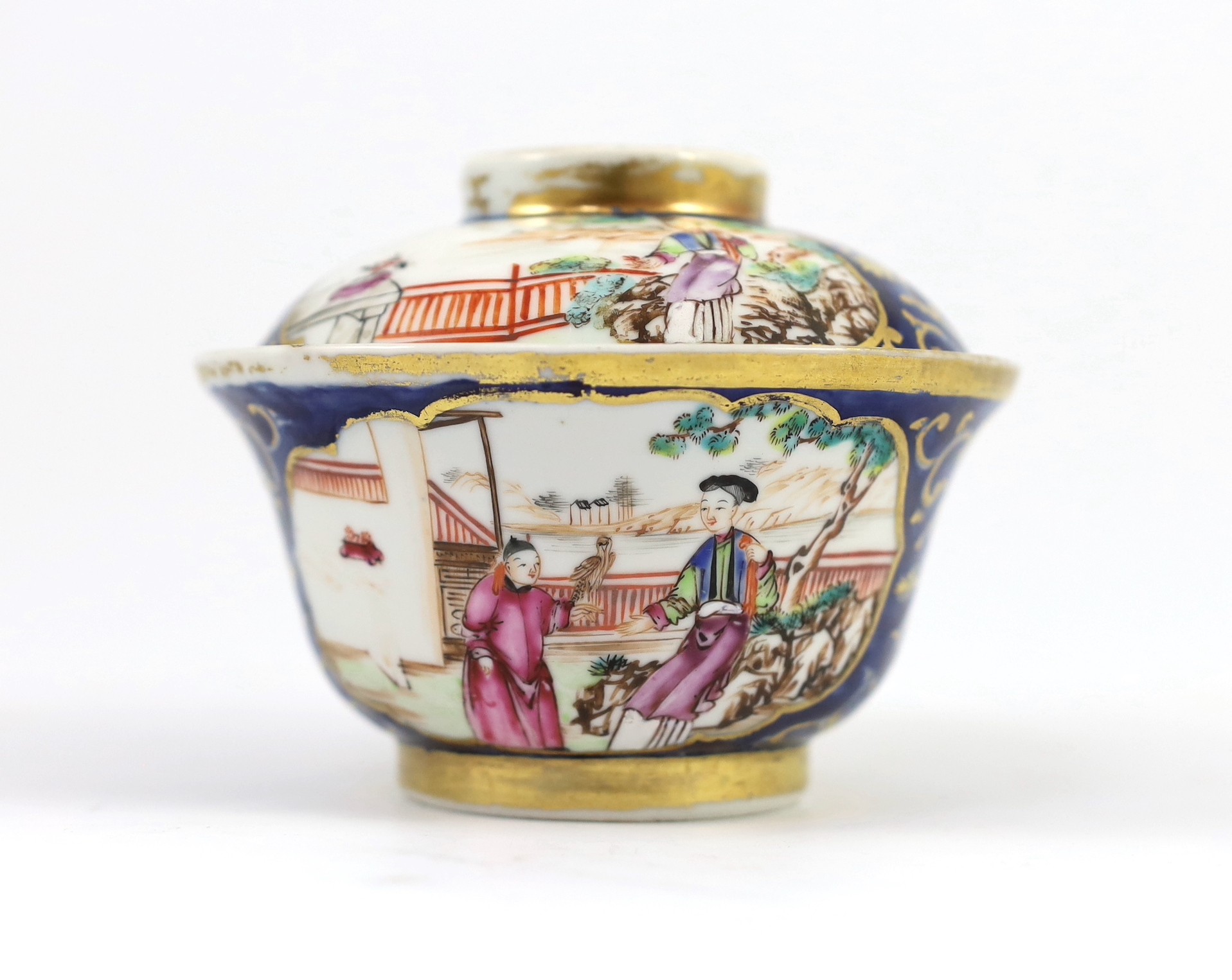 A Chinese export famille rose part tea and coffee set, Qianlong period, teapot 15cm high, some damage and wear to gilding